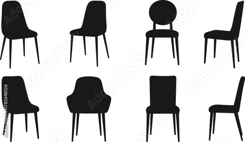 Set of modern chair silhouettes, black furniture design collection, interior seating illustration, minimal home decor vector, contemporary style icons