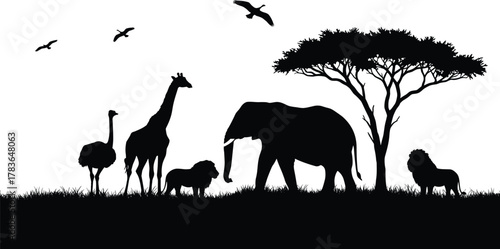 African savanna wildlife silhouette illustration with elephant, giraffe, lion, ostrich, acacia tree, flying birds, grassland nature scene, safari vector art