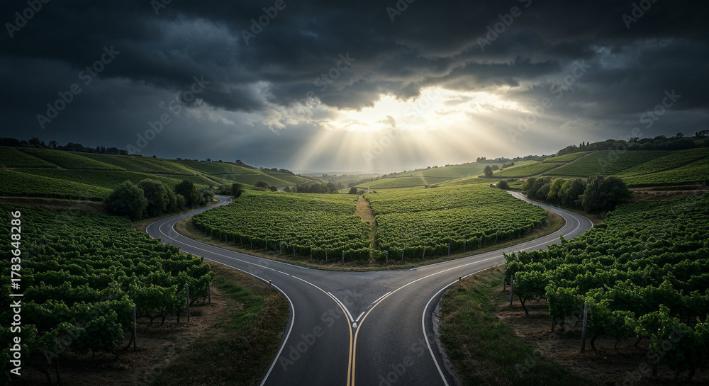 Naklejka premium Road Through Tuscany-Style Vineyard Hills Aerial Photography
