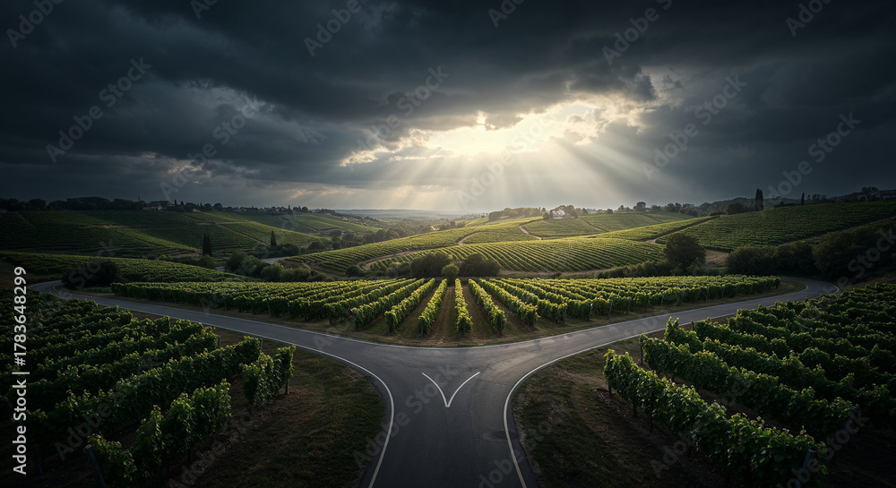 Fototapeta premium Road Through Tuscany-Style Vineyard Hills Aerial Photography
