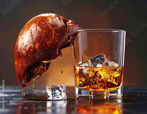 Medical illustration of a liver affected by alcohol-induced fatty liver disease, Cirrhosis, fatty liver disease, and the effects of alcohol consumption.