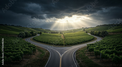 Road Through Tuscany-Style Vineyard Hills Aerial Photography