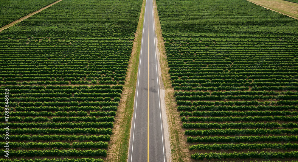 Naklejka premium Road Through Tuscany-Style Vineyard Hills Aerial Photography