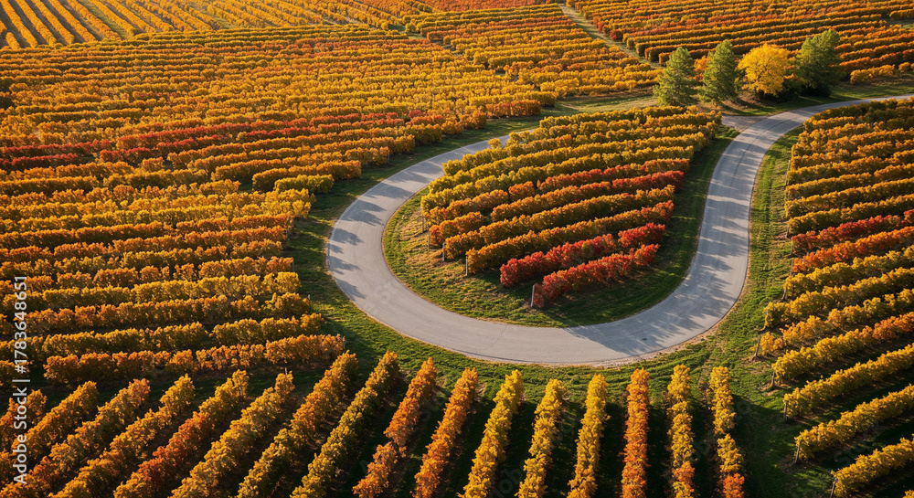 Naklejka premium Road Through Tuscany-Style Vineyard Hills Aerial Photography