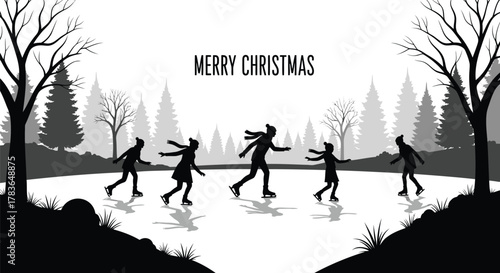 Merry christmas greeting with silhouette of people ice skating on a frozen lake surrounded by winter forest trees