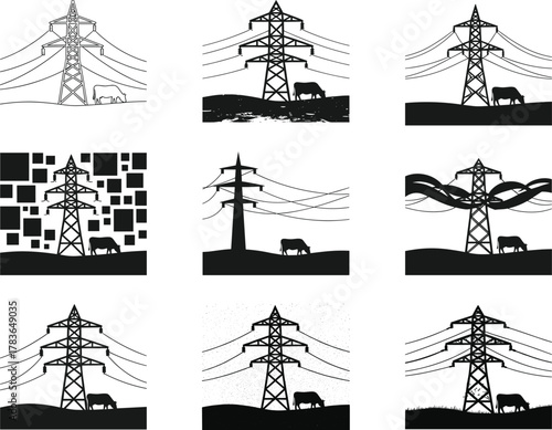 Stylized transmission tower and cow illustrations in rural landscape, black and white vector set for energy, agriculture, and infrastructure themes.