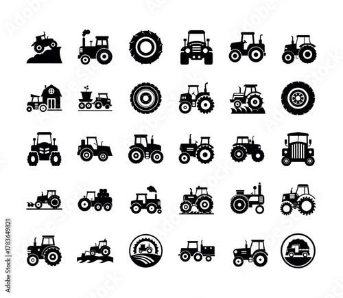 Set of black silhouette farm tractor and agriculture vector icons