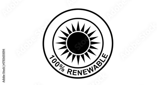 Advanced 100% Renewable Energy Badge Vector Icon: Full Solar-Powered Sustainability Seal, Eco-Certified Clean Power Guarantee Graphic
