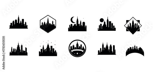 Modern city skyline silhouettes and cityscape emblem logo set