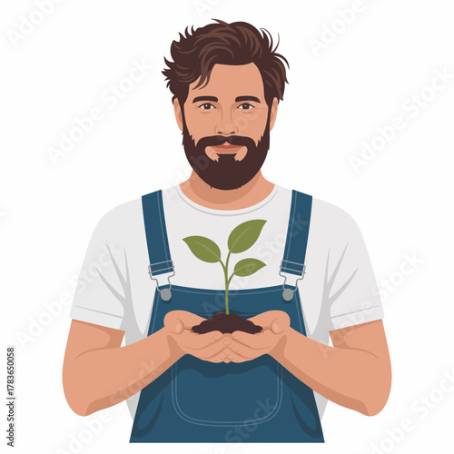 This illustration depicts a man nurturing a seedling, symbolizing environmental consciousness, growth, and sustainability, reminding us of the importance of nature and care.