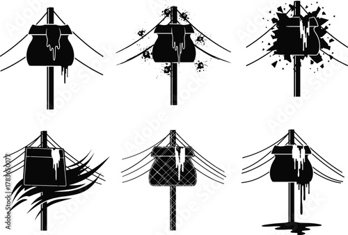 Stylized utility pole vector set with dripping transformers, abstract damage effects, urban energy concept, black silhouette graphic illustration design