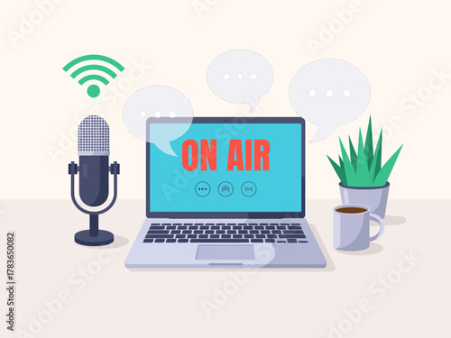 This illustration showcases a cozy podcast studio setup, featuring a microphone, laptop, potted plant, and coffee, conveying a productive and inviting atmosphere.