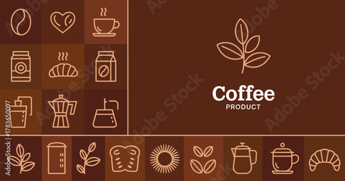 An elegant coffee-themed design showcases various coffee-related items, promoting a cozy and inviting atmosphere associated with coffee culture and enjoyment.