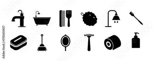 Bathroom and hygiene essentials icon set, modern domestic items