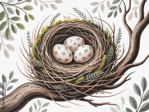 A cozy artistic depiction of a nest containing speckled eggs amid delicate foliage, symbolizing new life, growth, and the tranquility of nature's beauty and nurturing spirit.