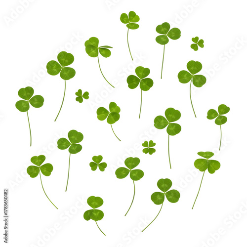 Collection of green clover leaves arranged in a circle isolated on transparent background