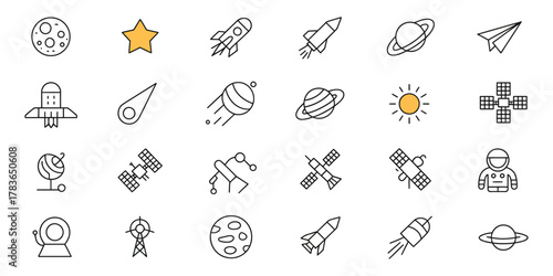 Space icons collection, modern vector set with rockets, planets, stars, and celestial bodies for digital projects and futuristic design themes.
