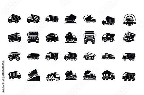 Set of various industrial dump truck icons for construction sites
