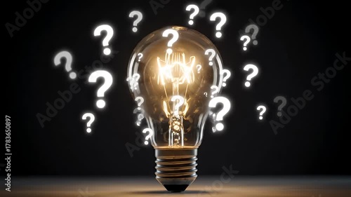 Illuminated Light Bulb with Question Marks on Black Background Concept Idea of Innovation and Inspiration and Problem Solving in Center Stage