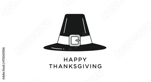 Simple flat design illustration of a black pilgrim hat with a white band and silver buckle and the words happy thanksgiving