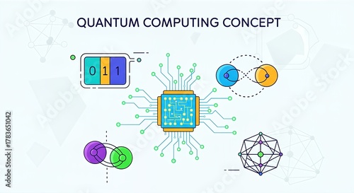 Quantum Computing Concept Illustration with Circuit Board and Qubits