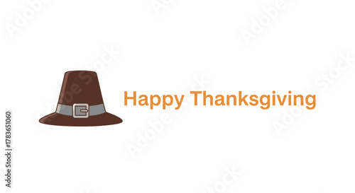 Happy thanksgiving greeting with a traditional pilgrim hat illustration on a white background