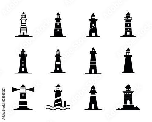 Collection of diverse lighthouse icons, flat black silhouette symbols for maritime navigation and safety