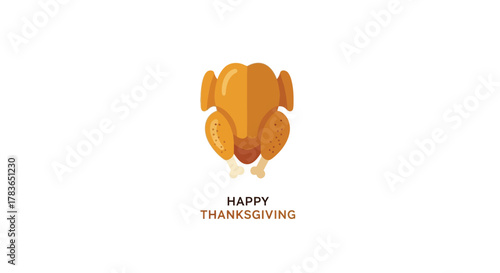 A stylized illustration of a golden brown roasted turkey with legs and wings spread centered on a white background with the words happy thanksgiving below