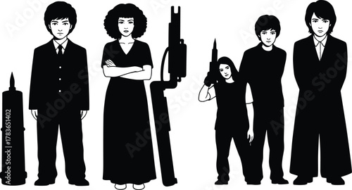 Black and white illustration of six people standing with oversized bullets and firearms, symbolic concept of violence, conflict, danger, war