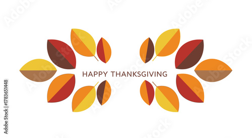 Happy thanksgiving greeting with a decorative border of colorful autumn leaves in warm fall colors on a white background