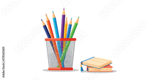 A vibrant collection of colored pencils in a mesh holder is arranged beside a small stack of educational books, set against a clean white backdrop.