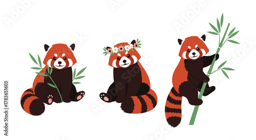 Cute cartoon red pandas with bamboo and a flower crown, sitting and climbing, on a white background, perfect for children's designs.