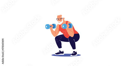 An active senior man with a white beard and glasses is performing squats while holding dumbbells, demonstrating healthy aging and fitness.