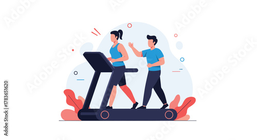 A female athlete runs on a treadmill while a male personal trainer coaches and motivates her during an indoor fitness workout.