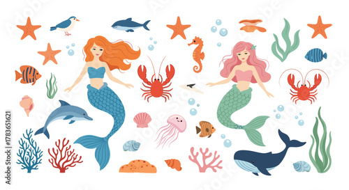 A vibrant collection of whimsical mermaids and various aquatic animals and marine life elements, perfect for an underwater theme.