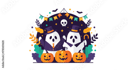 Two festive cartoon ghosts dressed in formal attire stand behind jack-o'-lanterns, surrounded by Halloween decorations against a dark background.