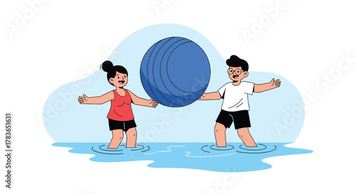 Two smiling children, a boy and a girl, happily playing with a large blue ball in shallow water, enjoying a fun summer activity.