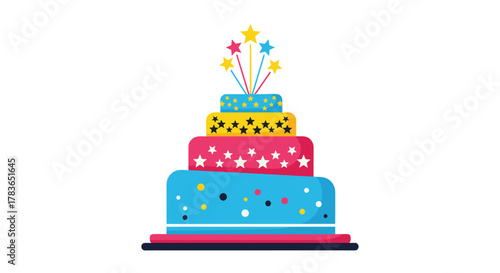 A vibrant four-tiered birthday cake decorated with colorful stars and sprinkles, topped with festive fireworks, perfect for celebrations.