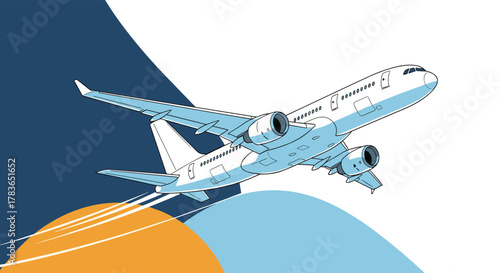 A sleek passenger jet takes off, depicted in a stylish illustration with contrasting blue and orange abstract background elements.