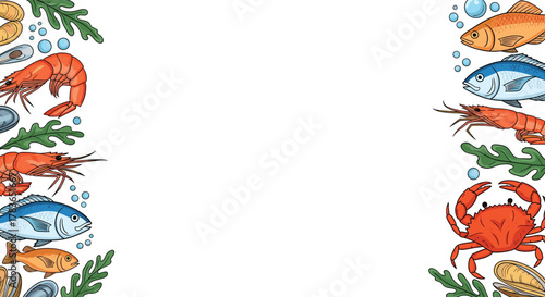 Vibrant hand-drawn seafood border illustration with shrimp, fish, crab, mussels, seaweed, and bubbles on a clean white background, ideal for culinary themes.