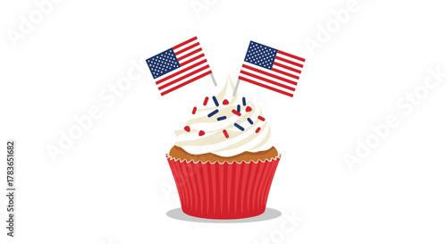 Delicious patriotic cupcake adorned with white frosting, red and blue sprinkles, and American flag toppers, ideal for national holidays.
