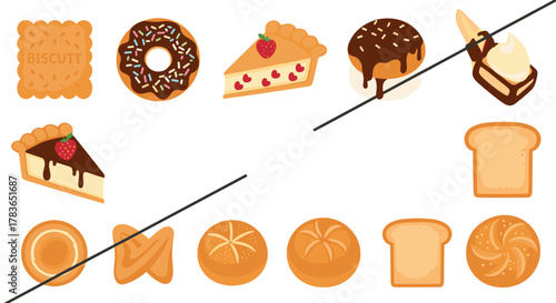 Various baked goods and desserts, including bread, rolls, biscuits, donuts, and pie slices, with some items crossed by diagonal lines.