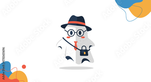 A friendly cartoon ghost character, stylishly dressed with a hat, glasses, and a tie, carries a bag while floating on a clean white background.