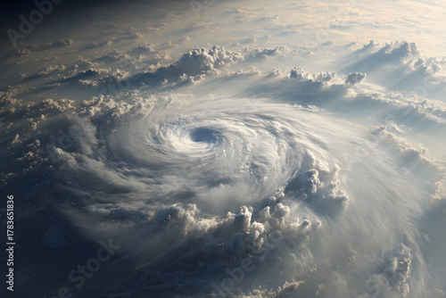 Hurricane Melissa 2025. Powerful hurricane seen from space with a clearly defined eye, swirling clouds. Super Typhoon, tropical storm, cyclone, hurricane, tornado, over ocean. Weather background