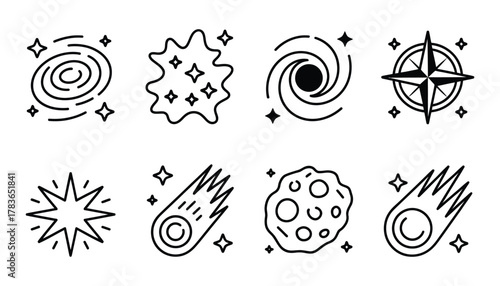 Galaxy space icons, vector set featuring stars, planets and celestial bodies for digital projects
