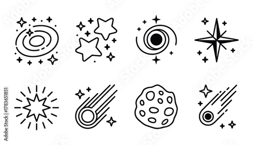 Galaxy space icons, vector set featuring stars, planets and celestial bodies for digital projects