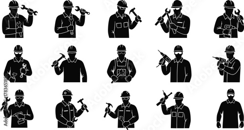 Construction workers silhouettes, industrial labor icons, repair tools, safety helmet, engineering teamwork, manual labor, building industry, maintenance, handyman, workforce unity