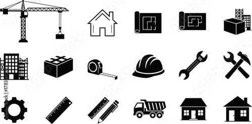Construction icons set, architecture tools, blueprint symbols, engineering equipment, building design elements, construction helmet, crane, truck, ruler, gear, hammer