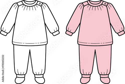 Baby pajama set, footed pants, long sleeve sleepwear, gathered neckline, button shoulder, vector fashion sketch, cad drawing flat vector illustration