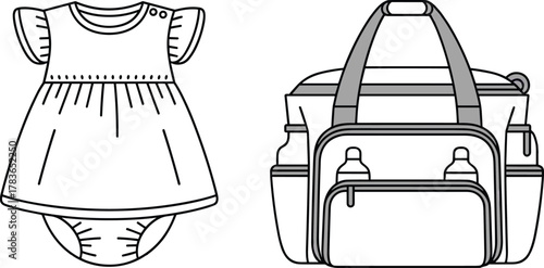 Cad drawing flat vector illustration, baby dress and diaper bag sketch, infant clothing template, baby care accessory layout